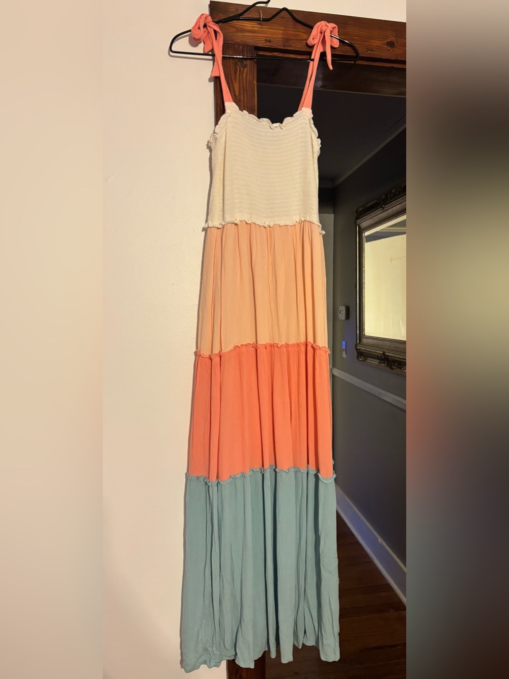 BeBop Colorblock Tiered Maxi Dress in Cream, Peach, Coral & Sage